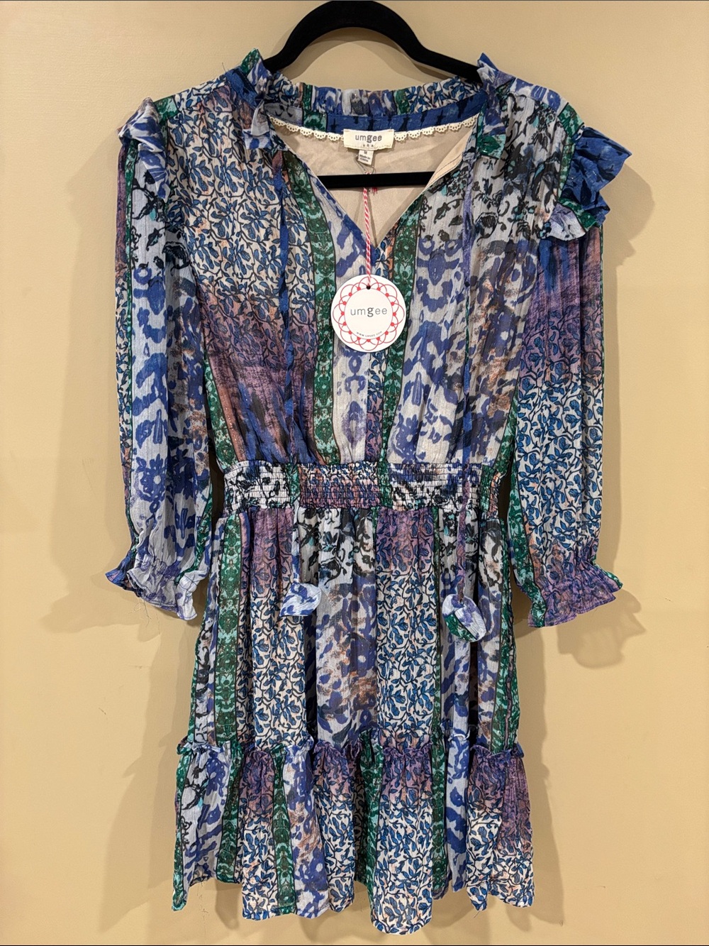 NWT umgee balloon sleeve patchwork dress